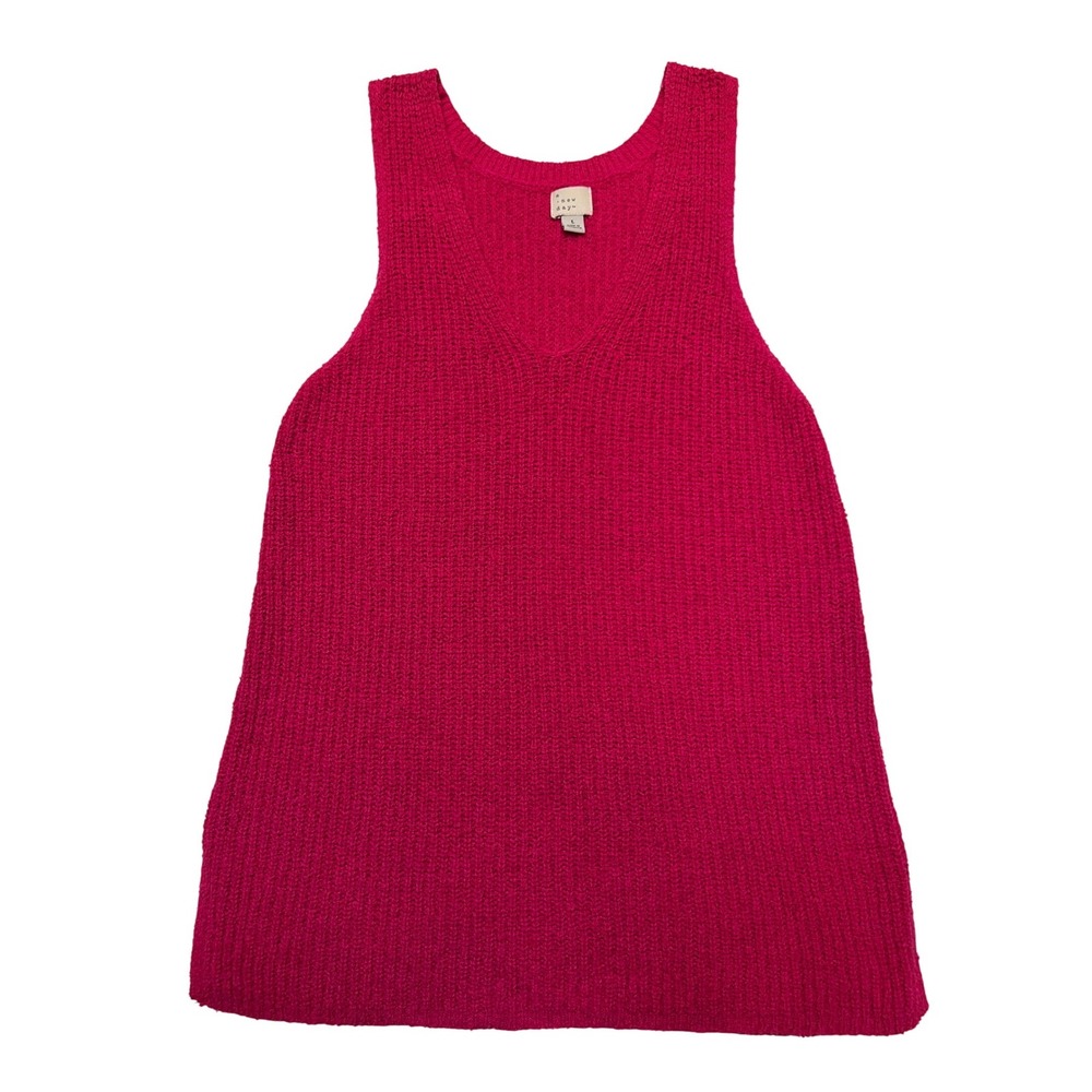 A New Day Magenta Pink V-Neck Cotton Blend Summer Knit Sweater Tank Top Size L
